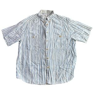 Claiborne Mens XL Short Sleeve Button Down Shirt Blue White Striped Cotton